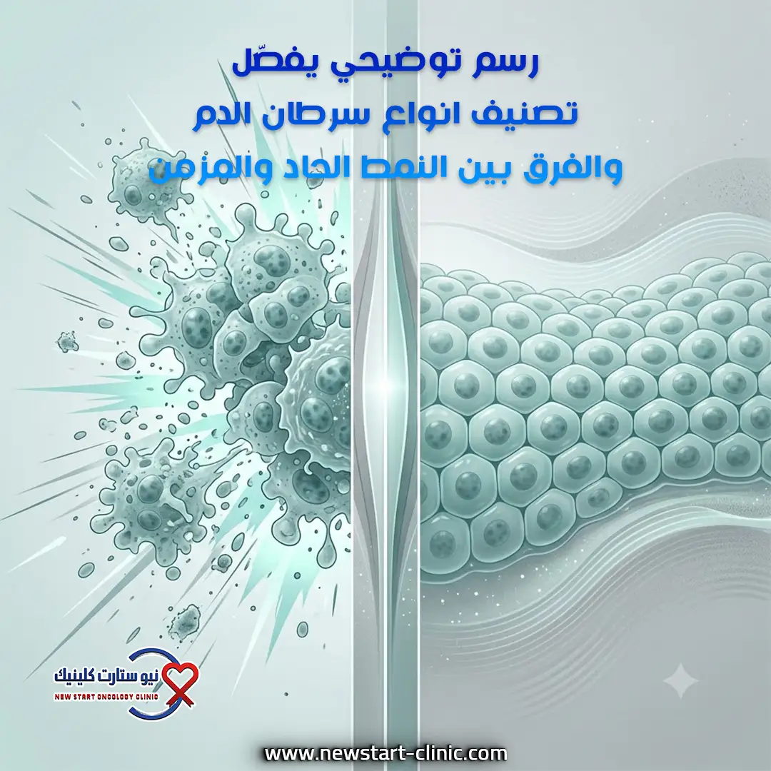 رسم توضيحي يفصّل تصنيف انواع سرطان الدم والفرق بين النمط الحاد والمزمن.