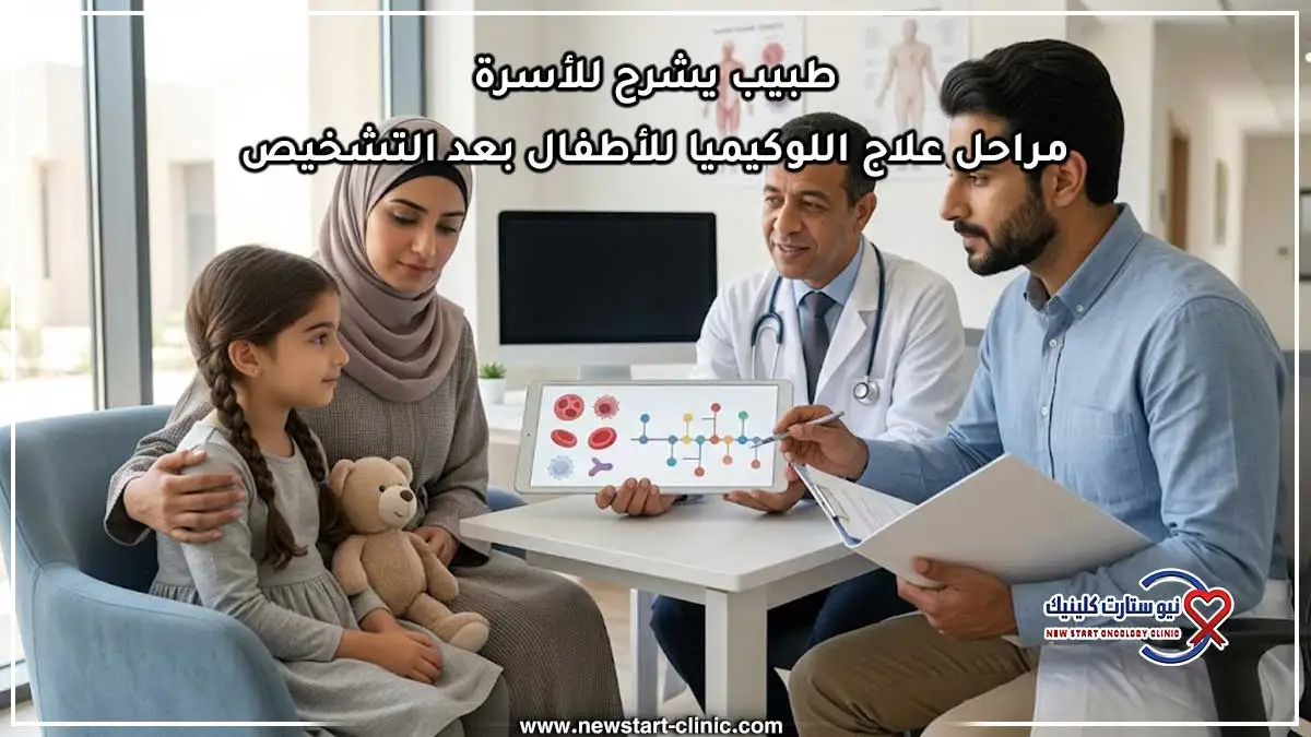 طبيب يشرح للأسرة مراحل علاج اللوكيميا للأطفال بعد التشخيص.